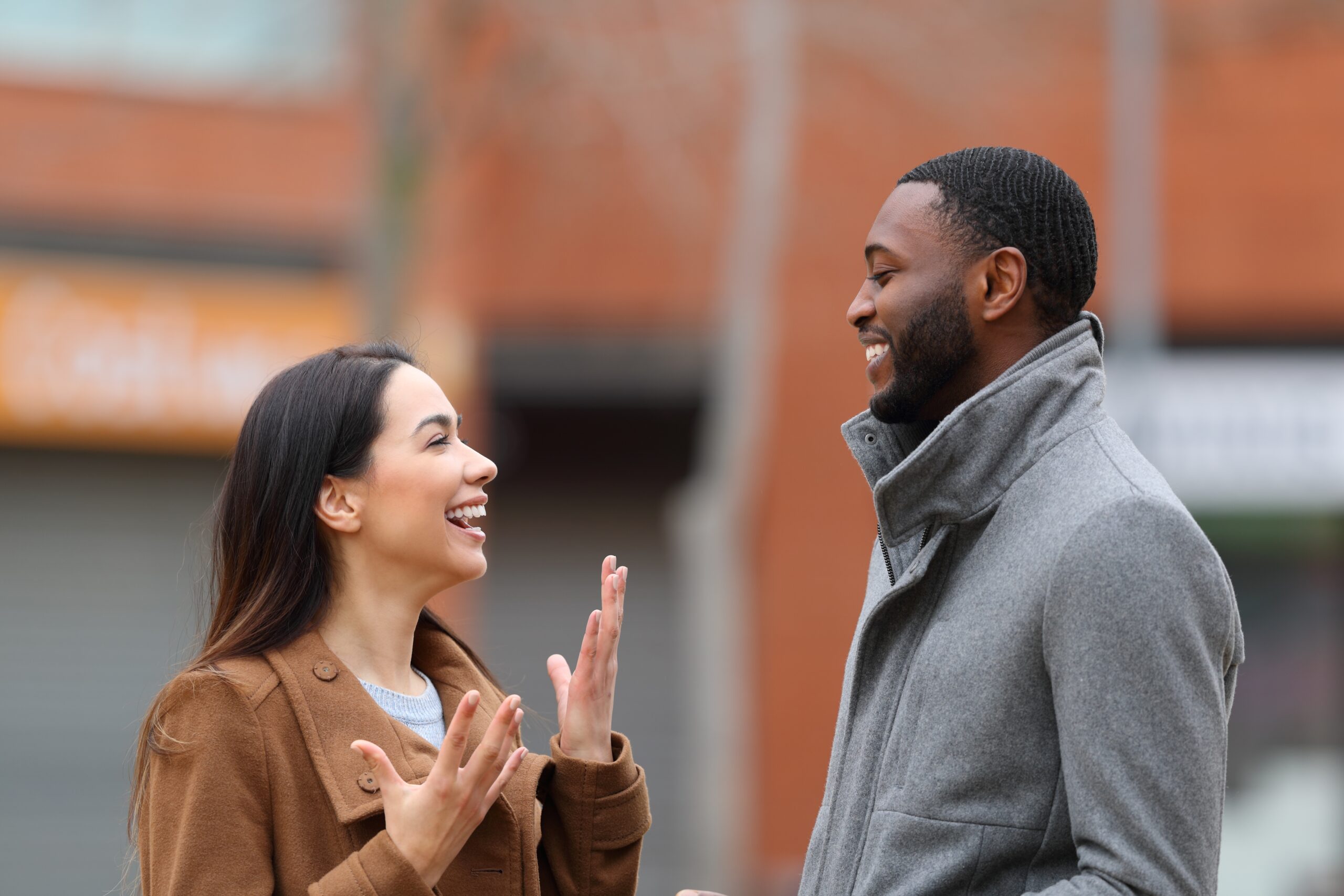 man and woman sharing first impressions